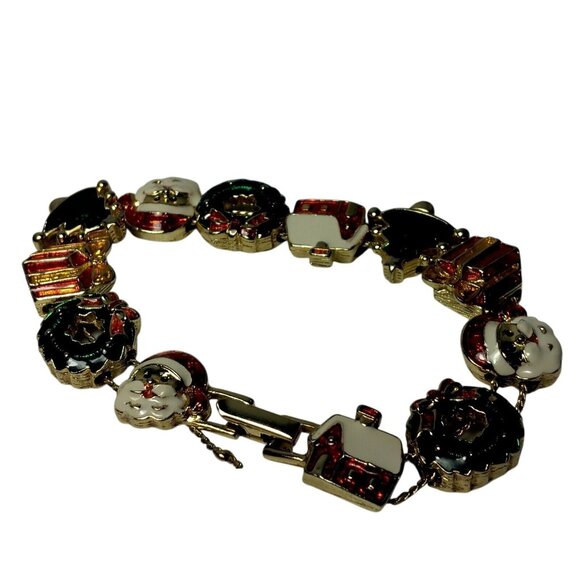 Christmas Charm Bracelet Holiday Fashion Santa Wreath Cabin Marked SP Gold Tone - Picture 5 of 13